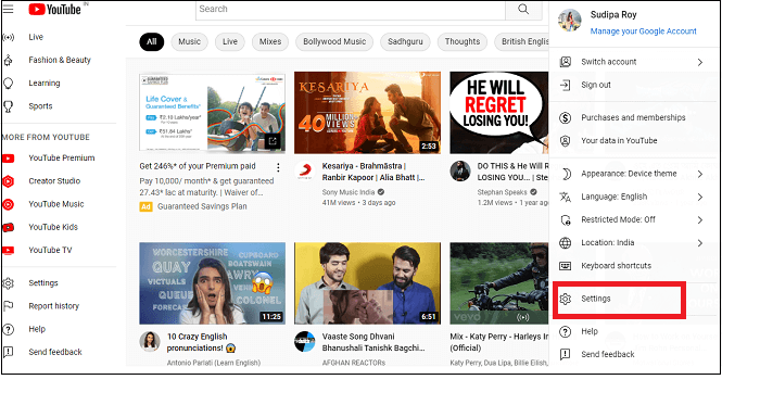 Elige ajustes en la página de inicio