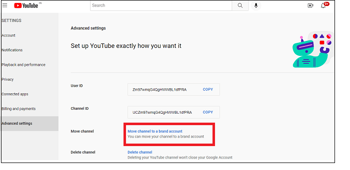 Trasladar el canal a una cuenta de marca