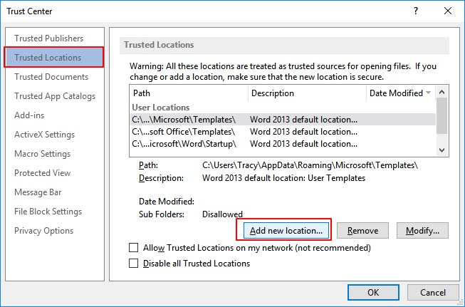 Añadir nueva ubicación para Word
