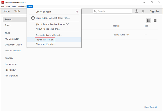 instalación de reparación de adobe reader