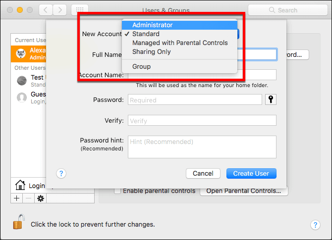 Elegir tipo de cuenta de usuario