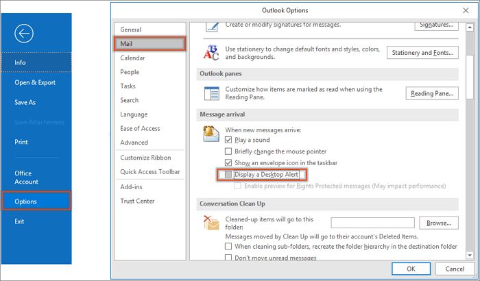 desactivar la notificación de correo nuevo en outlook