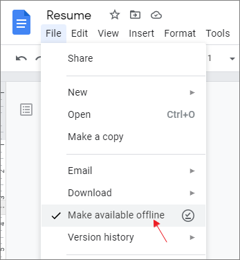 enble hacer disponible la opción offline en google docs