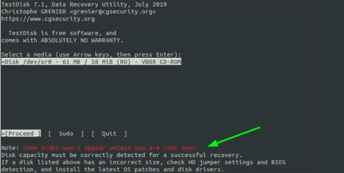interfaz principal de testdisk