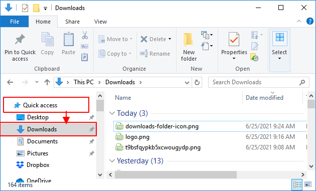Abrir la carpeta Descargas mediante Acceso rápido