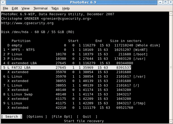 Software de recuperación de datos de Linux - PhotoRec