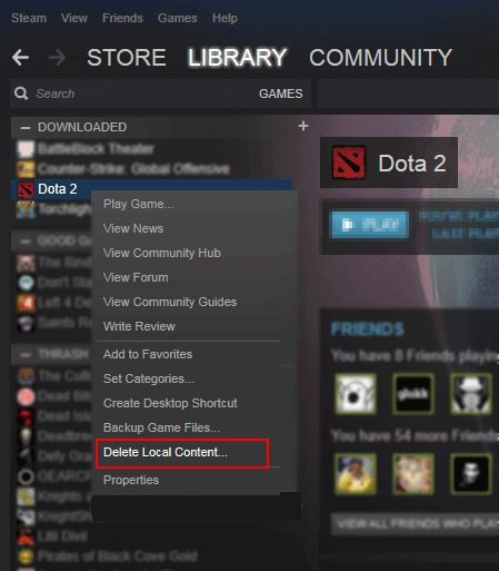 Eliminar el contenido local de los juegos de Steam.