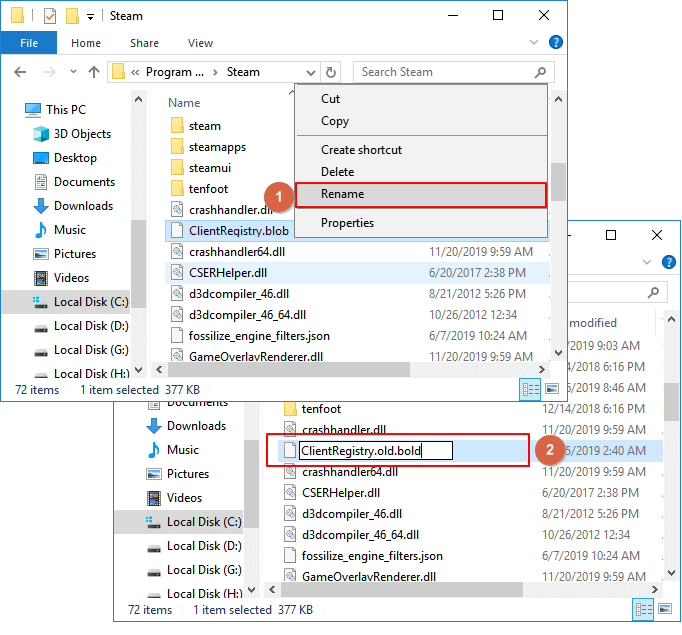 Cambia el nombre del archivo cliente de Steam para restaurar los juegos perdidos.