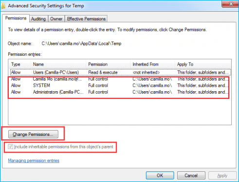 cambia los permisos de seguridad para solucionar el problema
