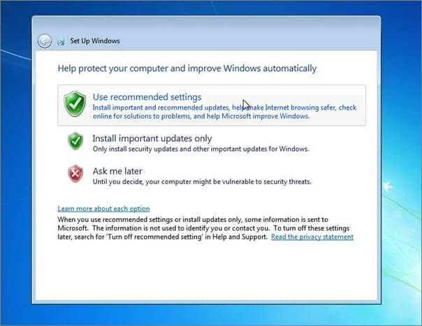 utilizar la configuración recomendada por Windows 7
