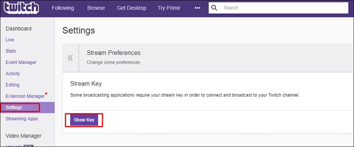 mostrar clave de stream de twitch