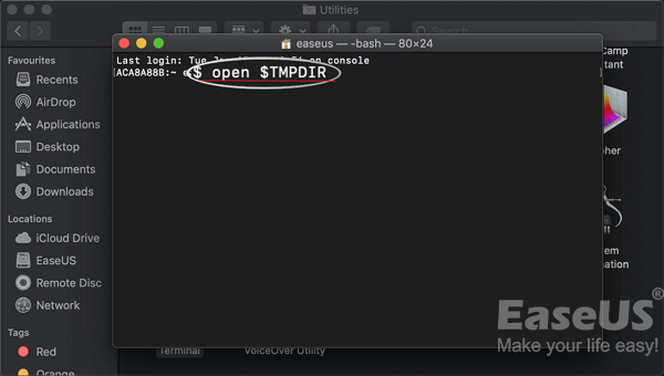 Escriba la línea de comandos para abrir el foder temporal.
