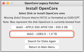 Opta por un disco para instalar opencore