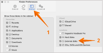 Haz clic en Discos externos en la barra lateral de Preferencias del Finder