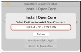 Opta por la partición para instalar opencore