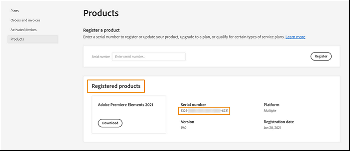 encontrar el número de serie de los productos registrados en adobe