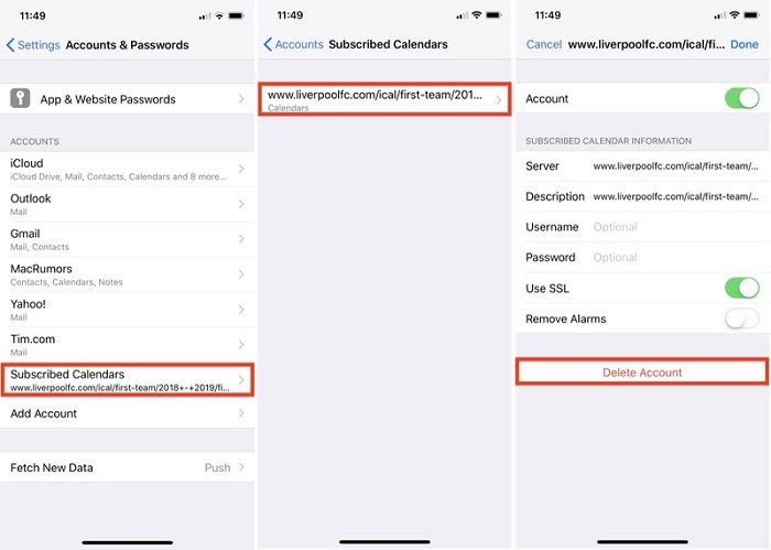Borrar el calendario suscrito del iPhone
