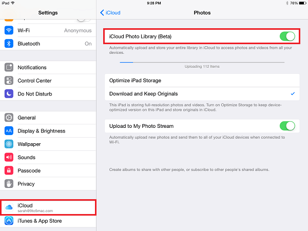Activar la Fototeca de iCloud en el iPad
