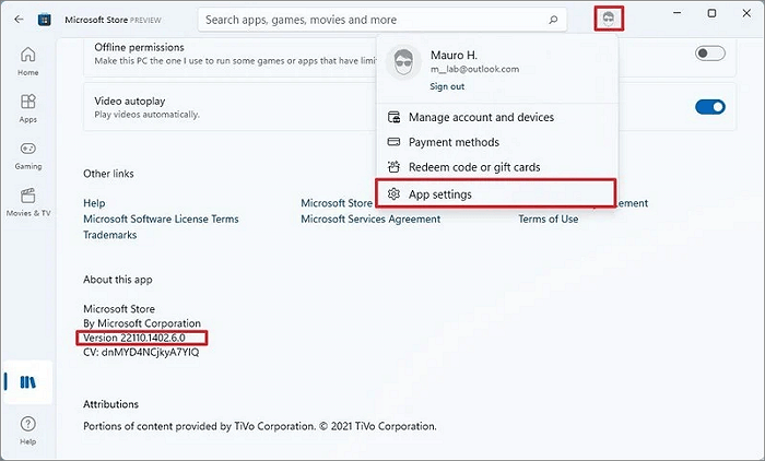 Comprueba la versión de Microsoft Store