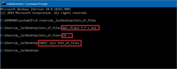 usa cmd para eliminar archivos y solucionar el problema de Windows 10 de eliminación lenta de archivos