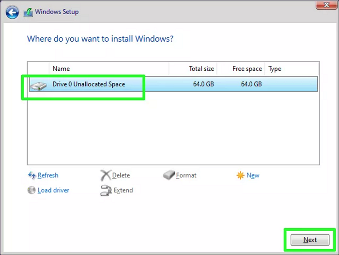 elige la unidad para la instalación