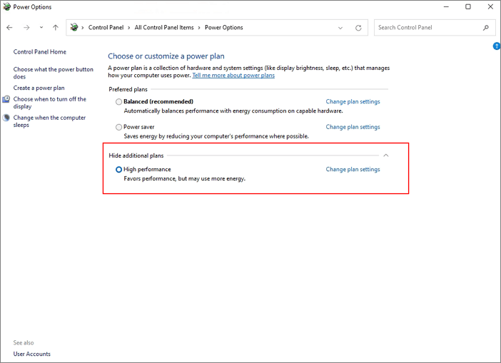 cambiar el plan de energía a alto rendimiento para optimizar Win 11 para juegos