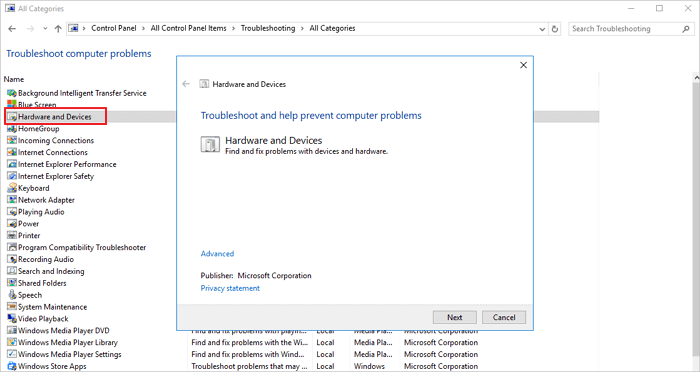 arreglar unidad ausente Windows 10 - usar Solucionador de problemas