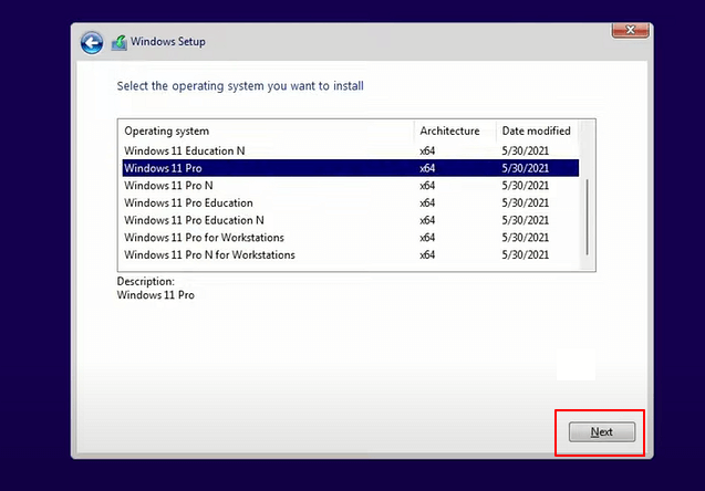 Selecciona la edición de Windows 11 a instalar