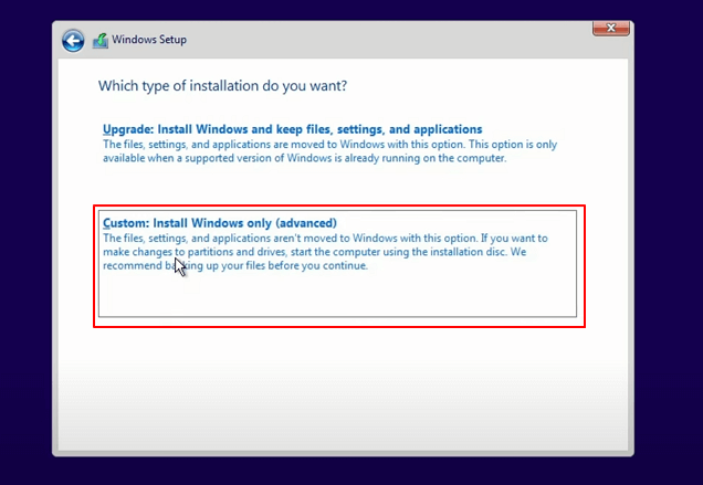 Selecciona Personalizado e instala sólo Windows