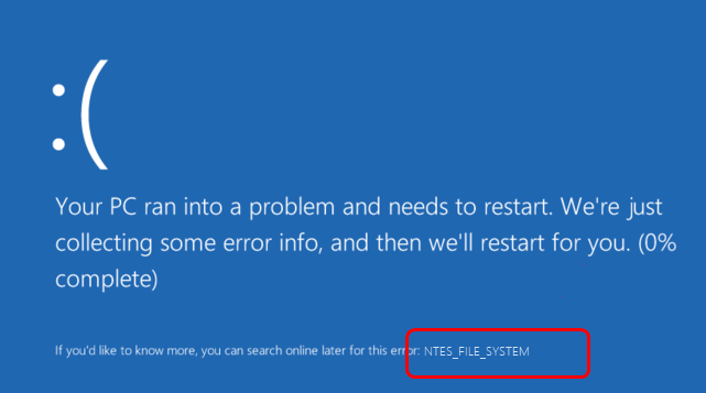 Imagen del error NTFS BSOD