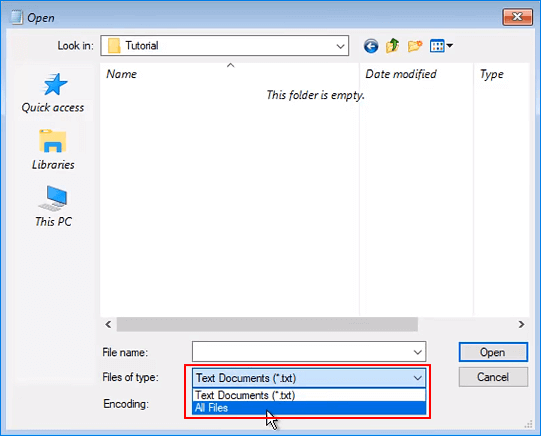 Cambie el tipo de archivo a todos los archivos para mostrar todos los archivos del disco duro de Windows.