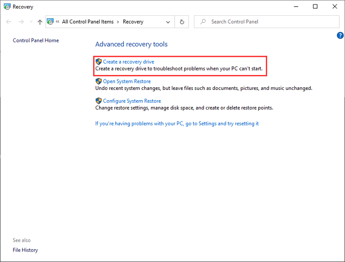 crear una unidad de recuperación en el panel de control