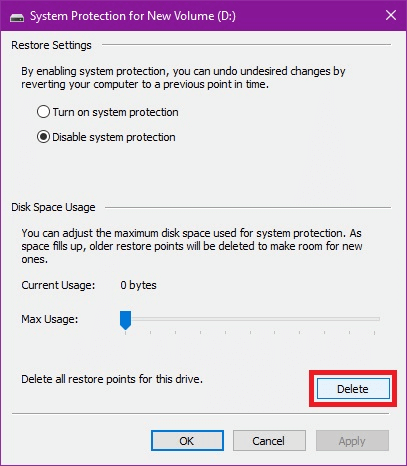 Eliminar los puntos de restauración