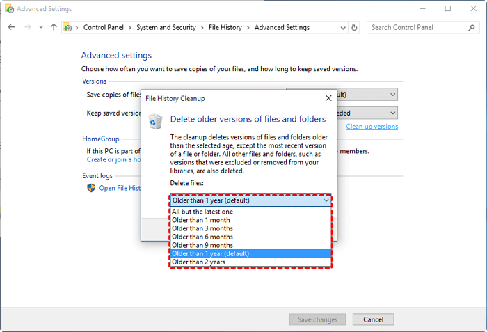 Eliminar la copia de seguridad del historial de archivos