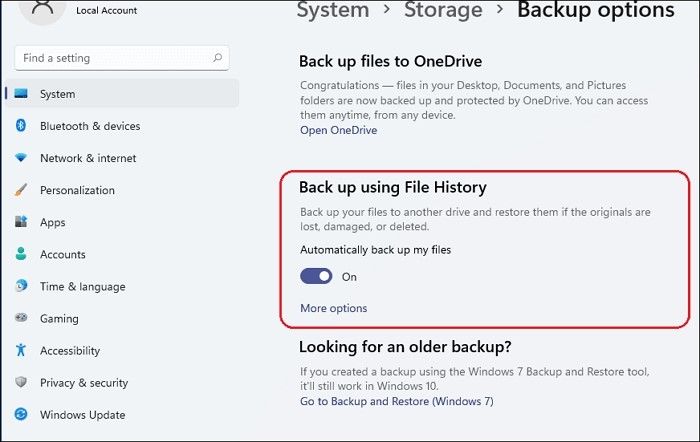 cómo usar el historial de archivos en windows 11 paso 2