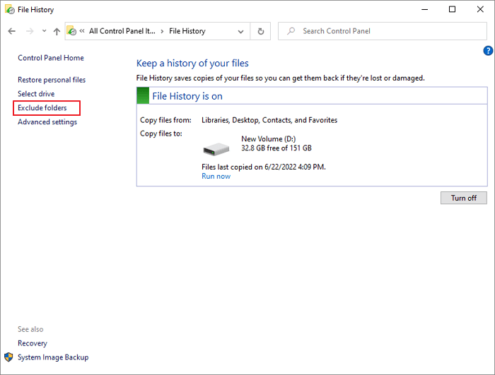 excluir carpetas del Historial de Archivos