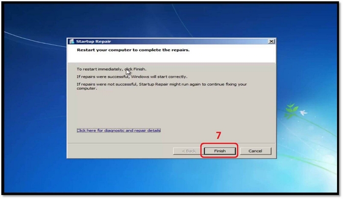 haz clic en Finalizar para reiniciar Windows 7