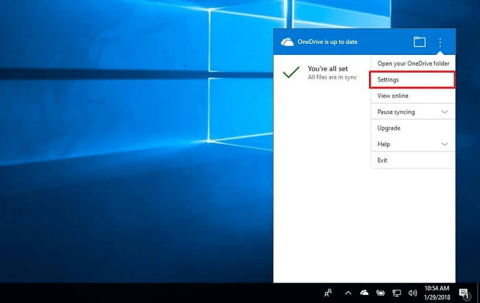 menú de configuración de onedrive