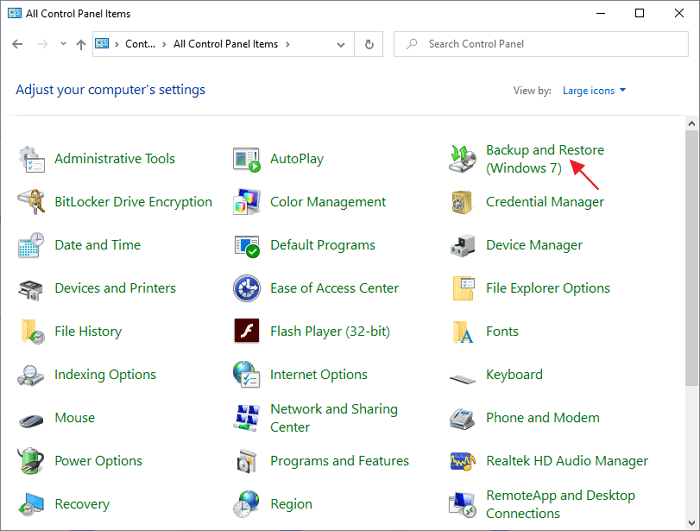 abrir la copia de seguridad y restaurar windows 7 a través del panel de control