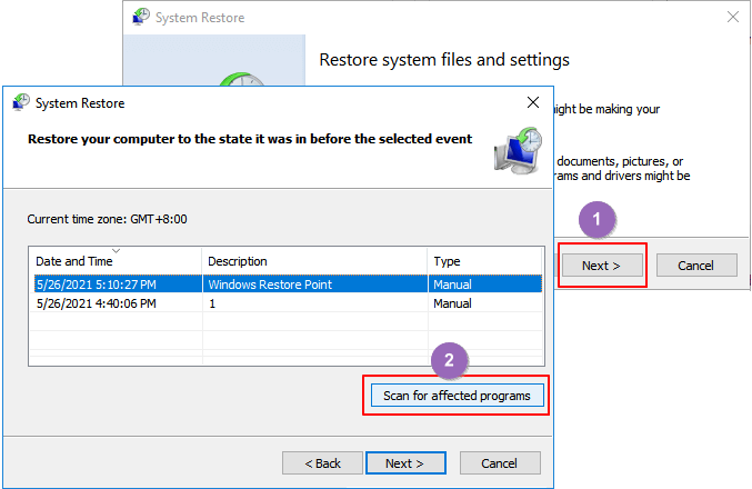 selecciona el punto de restauración que quieras