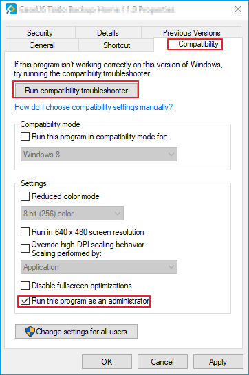 ejecutar en modo de compatibilidad para solucionar el error