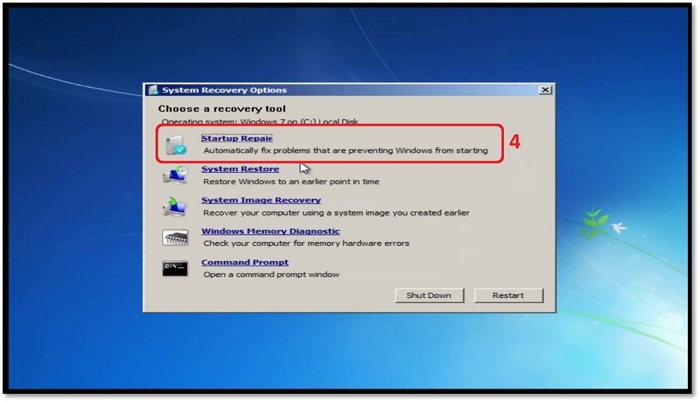 haz clic en reparar inicio