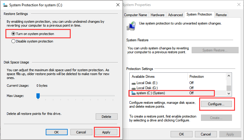 activar la función de restauración del sistema en windows 10