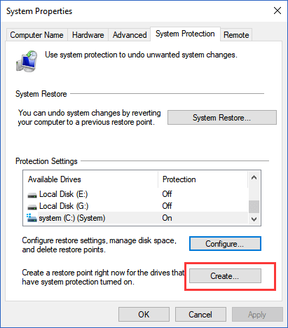 crear punto de restauración del sistema