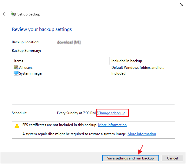 terminar la configuración de la copia de seguridad