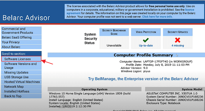 encontrar la clave del producto a través de belarc advisor