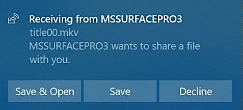 la notificación de recepción de archivos en el pc de destino