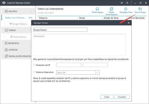 Añadir grupo con EaseUS Backup Center