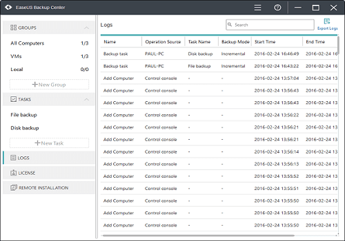 Registros de software EaseUS Backup Center