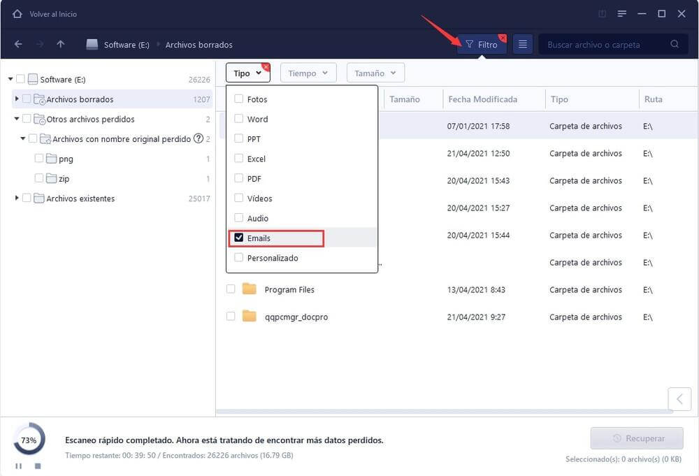 Previsualizar y recuperar los correos encontrados con EaseUS Data Recovery Wizard.